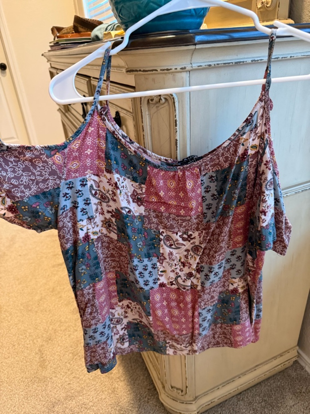 AUW Patchwork Off-Shoulder Blouse in Rose and Teal